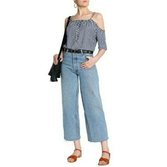 VELVET by Graham & Spencer Nedra cold shoulder gingham top blouse admiral blue S - Picture 8 of 8